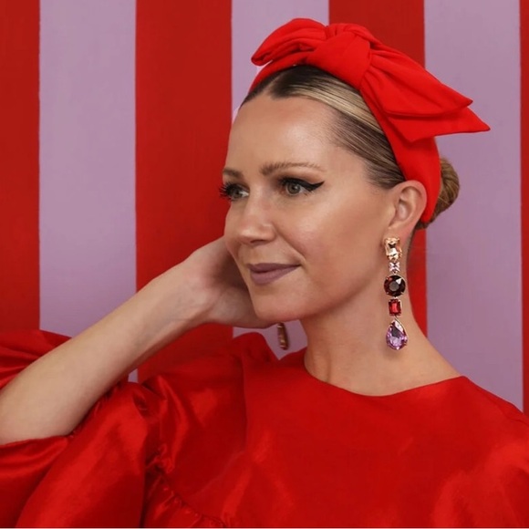 Lele Sadoughi x Atlantic Pacific Crimson Red Neoprene Holly Bow Headband - Picture 1 of 8